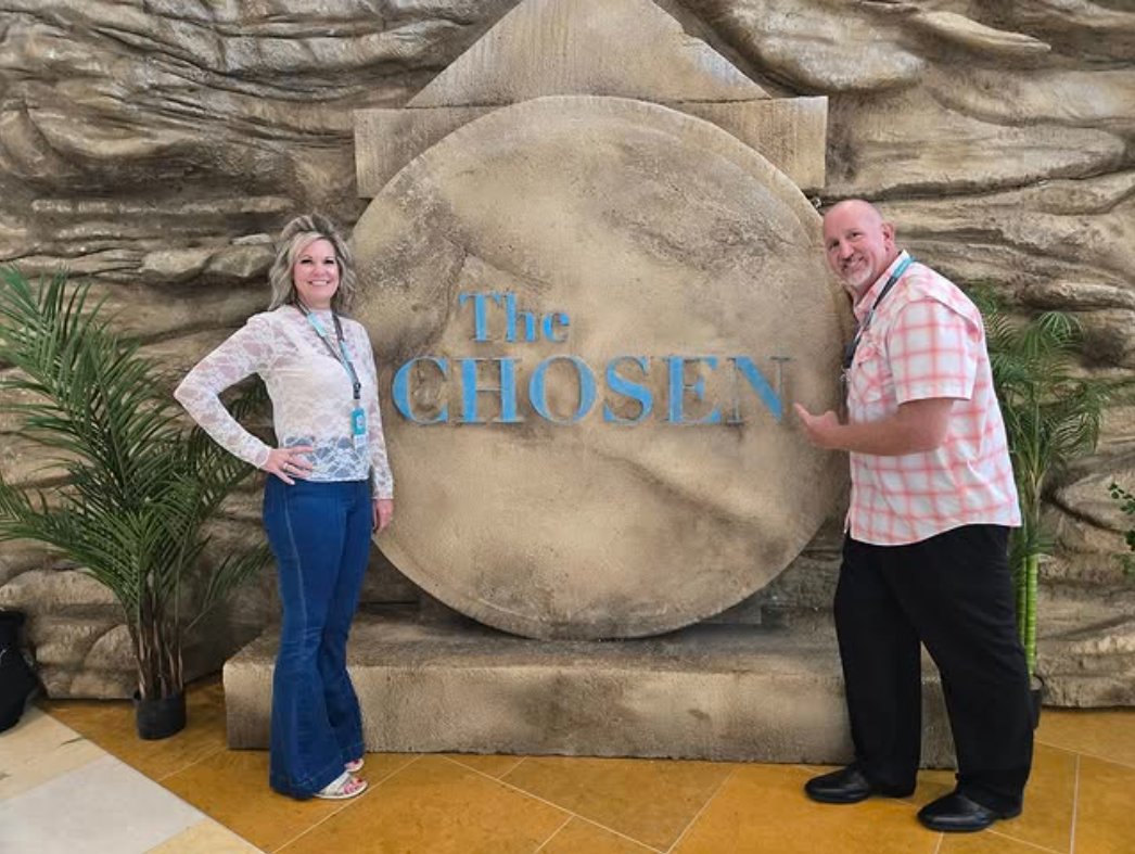 Eric and Mrs. Schwalbach at The Chosen stone monument